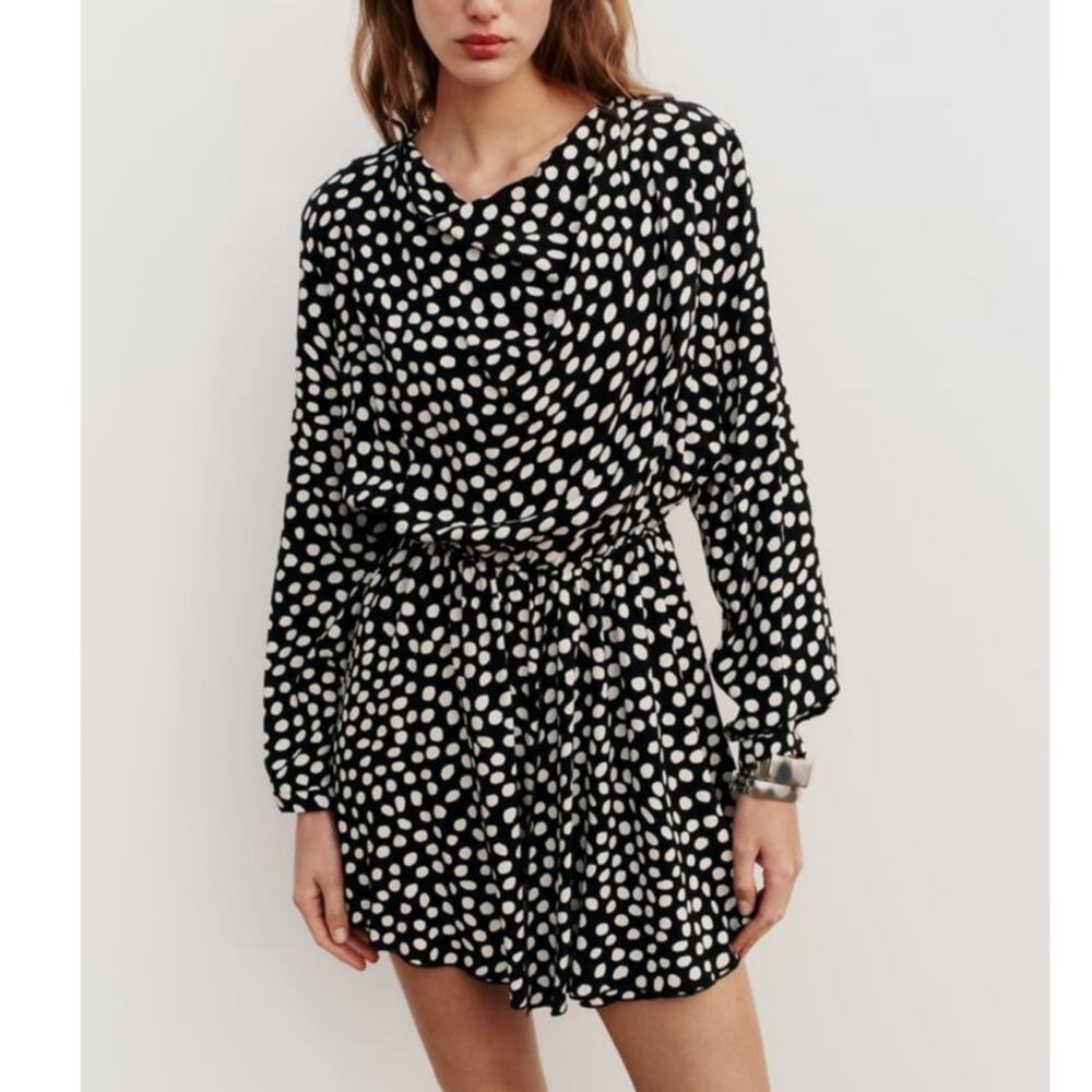 Zara Polka Dot Cowl Neck Long Sleeve Fit and Flare Mini Dress in Black/White